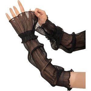 Women's Ruffle Black Fabric Fingerless Mesh Sheer Elbow Arm Sleeves Hem Gloves